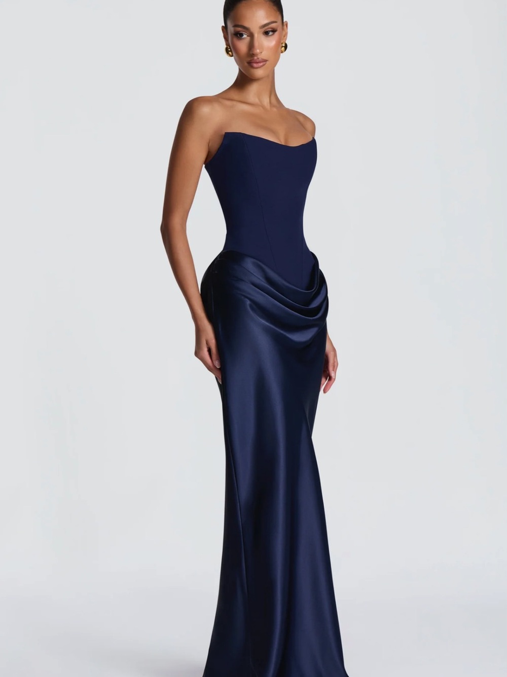 Strapless Navy Satin Drape Evening Gown by